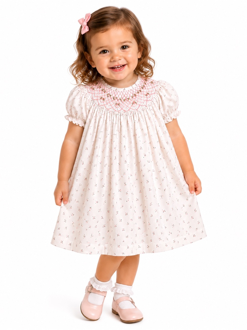 Babeeni Pink Smocked Baby Dress with Tiny Floral Print